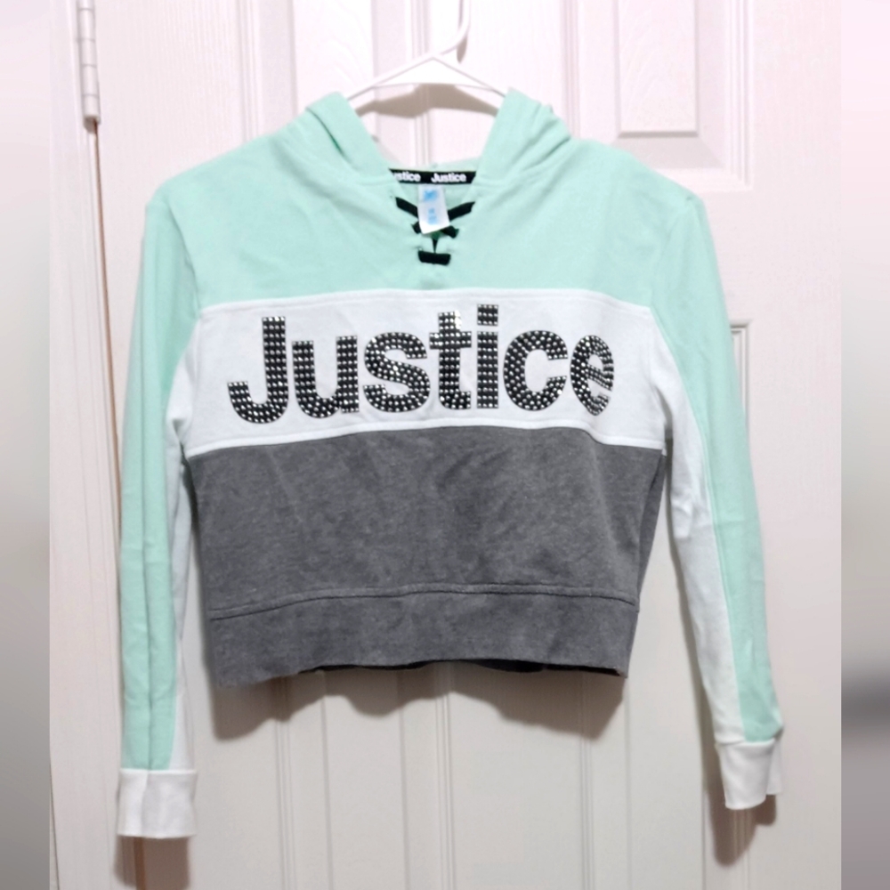 Pre-owned Justice tri-color logo sweatshirt hoodie w/ black studs logo /Size: 10